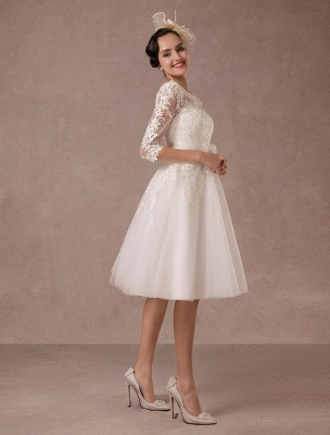 Short Wedding Dress Vintage Lace Applique Long Sleeves Tea Length A Line Tulle Bridal Gown With Flower Sash Exclusive_7