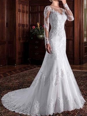 Vintage Wedding Bridal Dress Sheath Illusion Neck Long Sleeve Lace Applique Wedding Dresses With Train_2