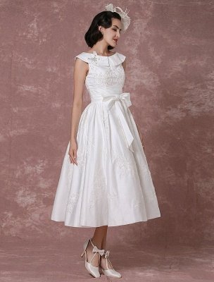 Robe de mariée vintage Satin courte robe de mariée dentelle perles thé longueur réception robe de mariée détachable nœud ceinture exclusif_6