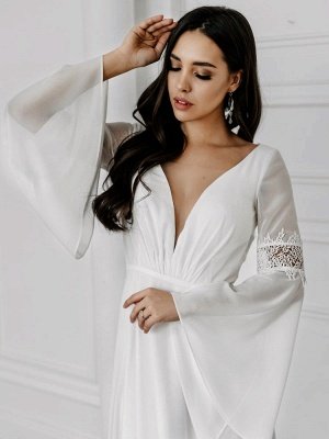 White Simple Wedding Dress With Train A-Line V-Neck Long Sleeves Backless Chains Natural Waist Bridal Gowns_3