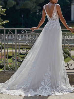 Robe de mariée simple 2021 une ligne col en V bretelles dentelle sans manches appliqued tulle robe de mariée_2