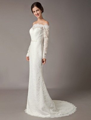 Lace Wedding Dresses Off The Shoulder Long Sleeve Beaded Sash Bridal Gowns With Train_1