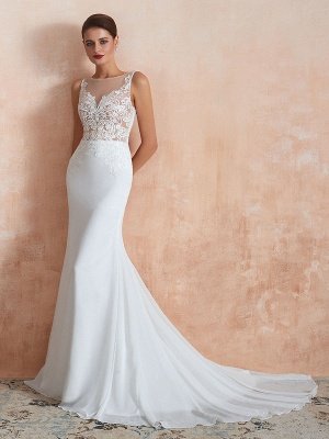 Brautkleid 2021 Meerjungfrau Ärmellose Spitze Applizierte Strand Brautkleider Mit Zug_6