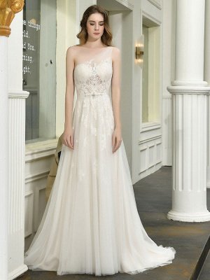 Bridal Dress 2021 One Shoulder Sleeveless Buttons Bridal Dresses With Train_3