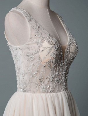 Einfaches Hochzeitskleid A-Linie V-Ausschnitt ärmellose Applikationen Perlen bodenlangen Brautkleider_5