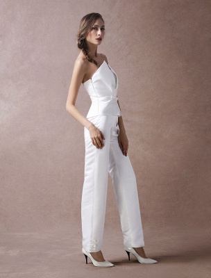 Wedding Jumpsuits Ivory Strapless Peplum Satin Bow Sash Long Bridal Jumpsuits Exclusive_5