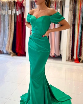 Off the Shoulder Satin Ruffle Slim Mermaid Evening Gown_2