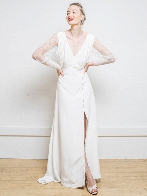 Weißes einfaches Hochzeitskleid Satin Stoff V-Ausschnitt lange Ärmel A-Linie Tüll Satin Stoff lange Brautkleider_1