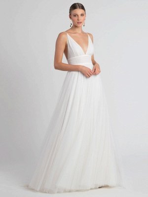 White Wedding Dress V-Neck Sleeveless With Train Natural Waist Backless Long Bridal Dresses_4