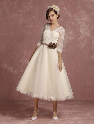 Robe de mariée vintage courte dentelle Tulle robe de mariée demi-manche col en V dos nu une ligne fleur ceinture thé longueur robe de mariée exclusive_5