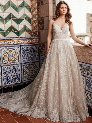 Wedding Gowns With Train V Neck Sleeveless Spaghetti Straps Lace Bridal Dresses_1