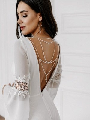 White Simple Wedding Dress With Train A-Line V-Neck Long Sleeves Backless Chains Natural Waist Bridal Gowns_7