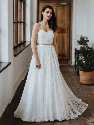 Simple Wedding Dresses Lace Wedding Gowns Strapless A-Line Bridal Gowns_1