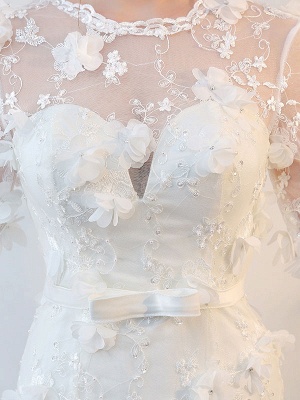 Wedding Dresses Long Sleeve Mermaid Flowers Applique Bows Ivory Bridal Dress With Train_7
