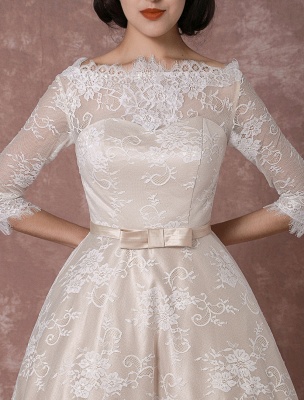 Robe de mariée en dentelle Vintage Bateau Champagne demi-manches robe de mariée une ligne dos nu thé longueur ceinture réception robe de mariée exclusive_7