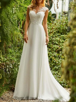 Simple Wedding Dresses 2021 Chiffon A Line V Neck Sleeveless Lace Beaded Bridal Gowns With Train_1