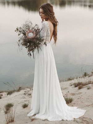 Simple Wedding Dress A Line V Neck Long Sleeve Floor Length Chiffon Lace Beach Wedding Dresses_2