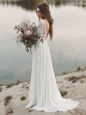 Vestido de novia simple Una línea Cuello en V Manga larga Hasta el suelo Gasa Encaje Vestidos de novia en la playa_2