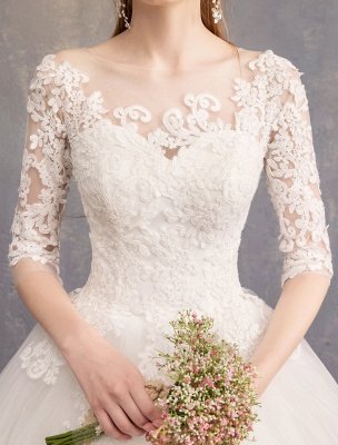 Princess Wedding Dresses Lace Illusion Neckline Half Sleeve Floor Length Bridal Gown_9