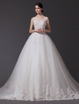 Wedding Dresses V Neck Lace Applique Bridal Gown Sequin Beading Illusion Long Cathedral Train Bridal Dress_1