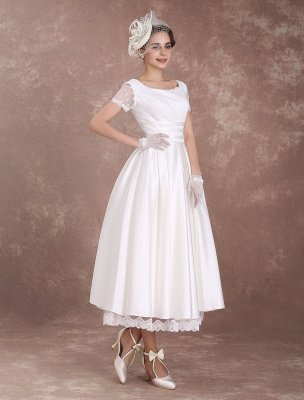 Vintage Wedding Dress Short Sleeve 1950'S Bridal Dress Backless Polka Dot Lace Trim Ivory Wedding Reception Dress Exclusive_6