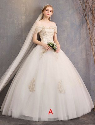 Prinzessin Brautkleid Elfenbein Spitzenapplikation Schulterfrei Kurzarm Brautkleid_1