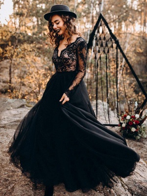 Black Wedding Dresses A-Line Designed Neckline Long Sleeves Natural Waistline Tulle Lace Sweep Bridal Gown_1