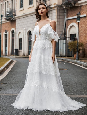 Robe de mariée bohème dentelle A-ligne col en V taille naturelle robe de mariée perlée_1