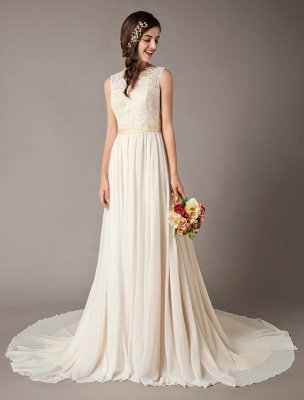 Champagne Wedding Dresses Beach Lace Chiffon V Neck Bridal Dress_2