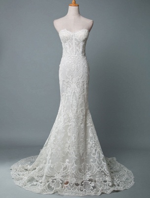 Lace Wedding Dress Mermaid Sweetheart Strapless Sleeveless Floor Length With Train Bridal Dresses_1