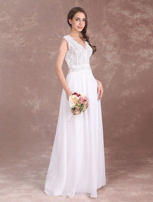 Boho Wedding Dresses Chiffon Lace Beach Bridal Dress V Neck V Back Ivory Sleeveless Floor Length Summer Wedding Gown_1