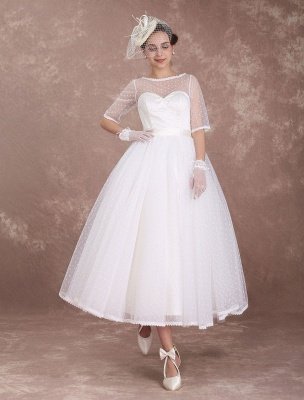 Vintage Wedding Dress 1950'S Short Bridal Dress Ivory Backless Polka Dot Half Sleeve Sweetheart Bow Sash Weddig Reception Dress Exclusive_5