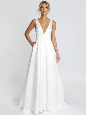 Robe de mariée blanche simple tissu satiné col en V sans manches dos nu A-ligne robes de mariée_1
