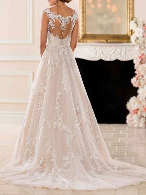 Wedding Dresses A Line V Neck Sleeveless Lace Illusion Back Bridal Gowns_4