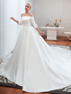 Robe de mariée vintage 2021 Satin manches 3/4 hors de l'épaule longueur de plancher robes de mariée avec train chapelle_1