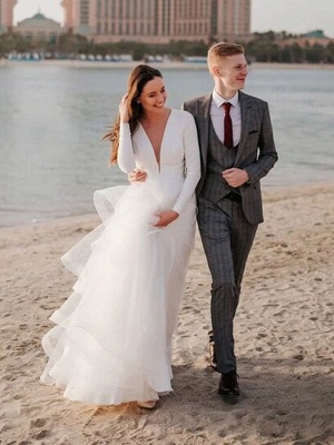 Vestidos de novia blancos hasta el suelo Mangas largas Escote en V con gradas Cintura natural Hasta el suelo Vestidos de novia_7