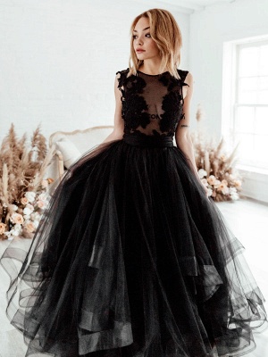 Vestido de novia negro Una línea Escote de ilusión Sin mangas Apliques sin espalda Hasta el suelo Vestidos de novia de tul de encaje_1