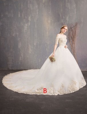 Tulle Wedding Dress Off The Shoulder Half Sleeve Princess Bridal Gown_2