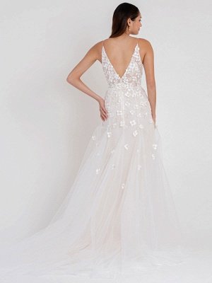 Robe de mariée blanche train chapelle A-ligne sans manches satin mat col en V dentelle tulle robes de mariée_2