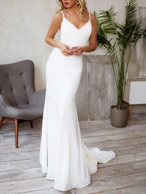 Sexy Wedding Dress Lycra Spandex V Neck Sleeveless Strap Sash Mermaid Bridal Dresses With Train_2