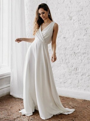 Robe de mariée blanche simple avec train col en V sans manches dos nu dentelle A-ligne robes de mariée en mousseline de soie_1