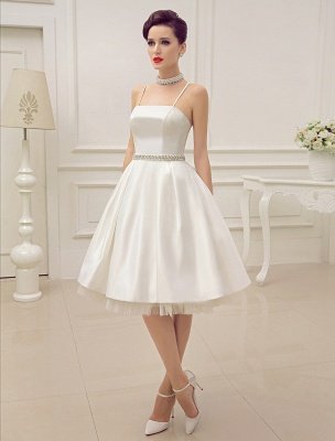 Vintage Spaghetti Straps Backless Satin Short Wedding Dress With Pearls At Waist Exclusive_2