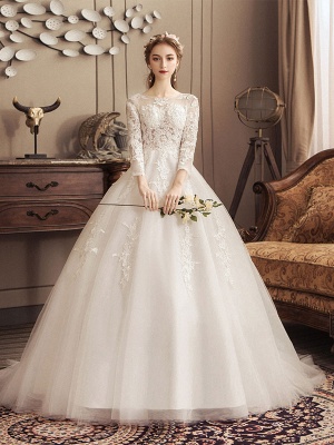 Ivory Wedding Dresses Lace Applique Jewel Neck 3/4 Length Sleeve Princess Bridal Gown With Train_2