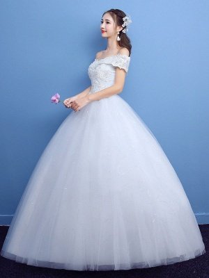 Ballkleid Brautkleid Prinzessin Silhouette Bodenlang Bateau-Ausschnitt Kurze Ärmel Applikationen Tüll Brautkleider_6