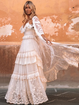 Boho Brautkleid Anzug 2021 V-Ausschnitt Bodenlangen Spitze Mehrschichtiges Brautkleid Kleid und Outfit_4