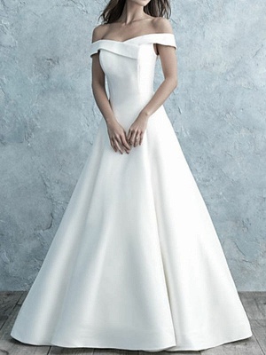 Simple Wedding Dress Off The Shoulder Matte Satin Short Sleeves Buttons A Line Bridal Gowns_1
