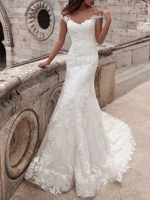 Wedding Dresses Off The Shoulder Short Sleeves Lace Mermaid Bridal Dresses With Train_1