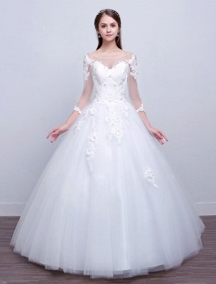 Robes de mariée princesse robe de bal à manches longues dentelle illusion ivoire longueur de plancher robe de mariée_1