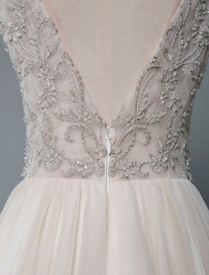 Einfaches Hochzeitskleid A-Linie V-Ausschnitt ärmellose Applikationen Perlen bodenlangen Brautkleider_8