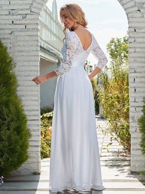Robe de mariée blanche simple dentelle col bijou dentelle mousseline de soie demi-manches taille naturelle A-ligne robes de mariée_4
